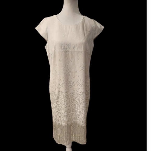 White Dress with Silver Embroidered Pattern and Silver Tassel at Bottom - Picture 10 of 10